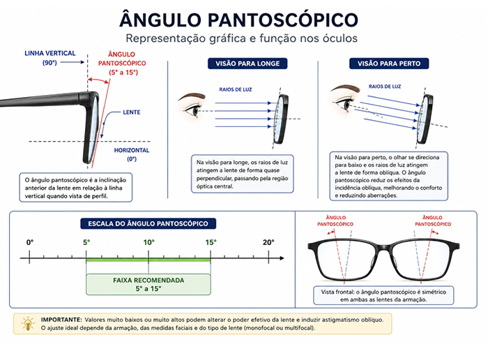 Ângulo pantoscópico, O que é o ângulo pantoscópico?

O ângulo pantoscópico é uma característica do ajuste da armação que influencia a forma como as lentes se posicionam diante dos olhos, podendo contribuir para o desempenho óptico e o conforto visual em diferentes situações de uso.

O ângulo pantoscópico corresponde à inclinação da lente em relação ao plano vertical quando os óculos estão posicionados corretamente no rosto. Em vez de permanecer totalmente perpendicular ao solo, a parte inferior da lente fica levemente mais próxima da face, formando um pequeno ângulo. Esse ajuste faz parte da adaptação da armação e pode influenciar o comportamento óptico das lentes.

Na prática, essa inclinação busca aproximar a direção do olhar da posição em que a pessoa utiliza os óculos durante atividades do cotidiano, como caminhar, dirigir ou realizar tarefas de perto. O valor do ângulo pantoscópico pode variar conforme o tipo de armação, as características anatômicas do usuário e a finalidade da correção óptica.

Esquema ilustrativo do ângulo pantoscópico demonstrando a diferença entre a incidência dos raios luminosos na visão para longe e na visão para perto. O correto ajuste da inclinação das lentes pode contribuir para o desempenho óptico, reduzindo os efeitos da incidência oblíqua da luz e favorecendo o conforto visual, especialmente em lentes multifocais e personalizadas., Óptica oftálmica, Exame vista OptoPrime, em, Óptica e Optometria